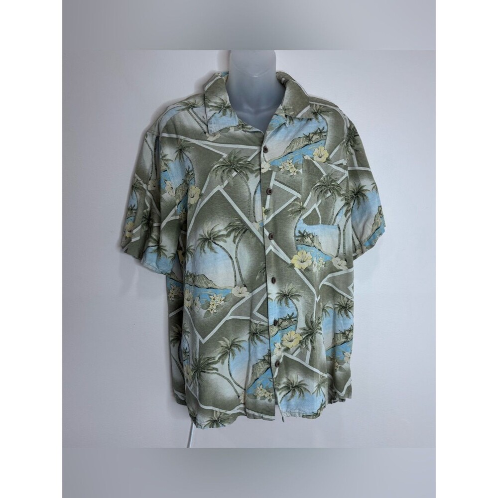 Bahama Bay Club Men's large Olive Green tropical Hawaiian Print Button-Up Shirt